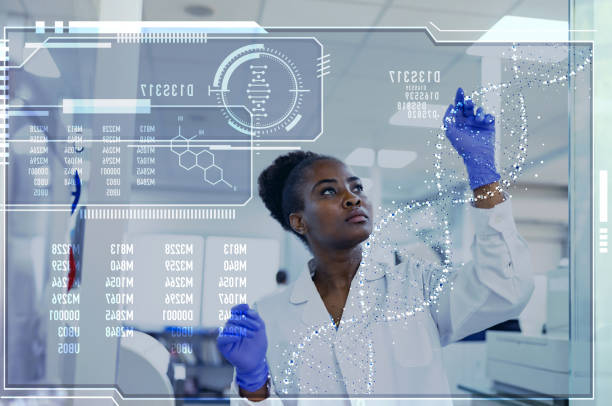 DNA researcher using biotechnology while working at the laboratory - healthcare and medicine concepts